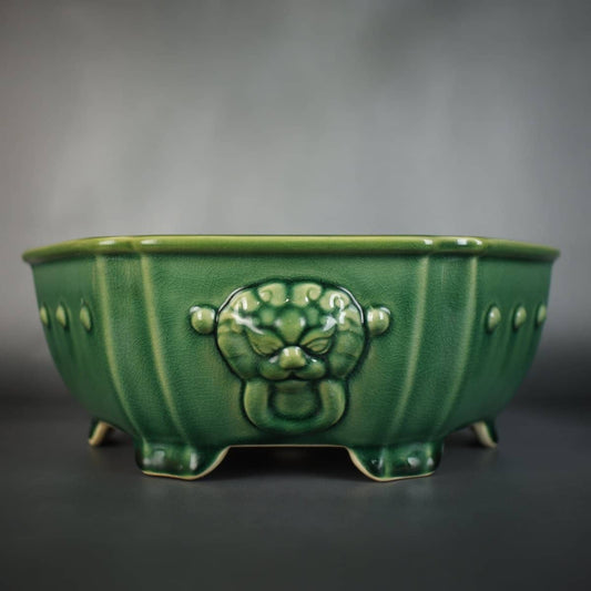 Hexagonal Ornate Glazed Bonsai Pot Green - Bonsai-En